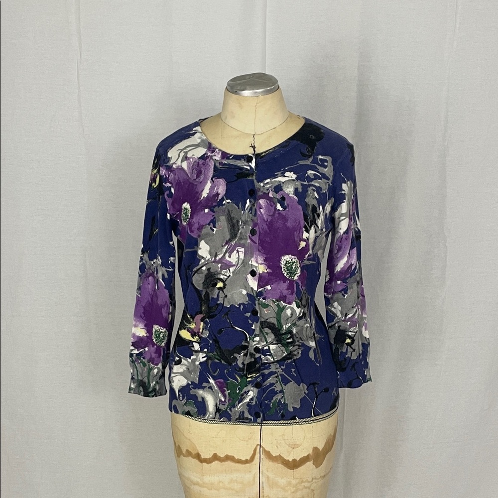 Joseph A Purple and Gray Floral Women's Cardigan Size Small Petite